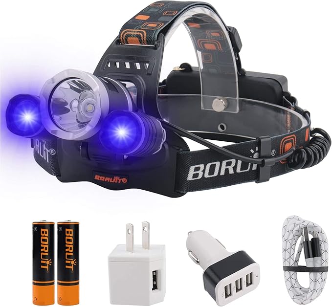 BORUIT RJ-3000 Rechargeabe LED Headlamp Super Bright with Black Light, 3 Modes Super Bright USB