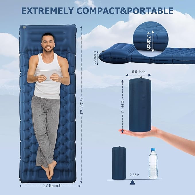 Sleeping Pad for Camping, Ultralight 4.7" Extra-Thick Inflatable Camping mat with Pillow Built-in