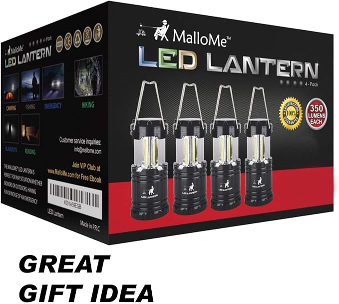MalloMe LED Camping Lantern Flashlights 2 Pack & 4 Pack - Super Bright - 350 Lumen Portable Outdoor