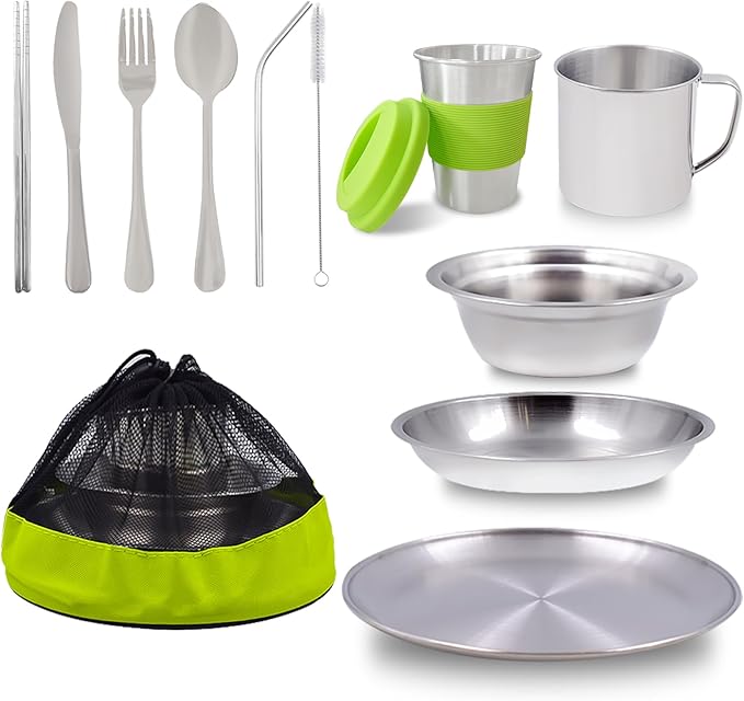 Acelane Camping Mess Kit Camping Plates Dishes Stainless Steel Camping Utensils Set Tableware