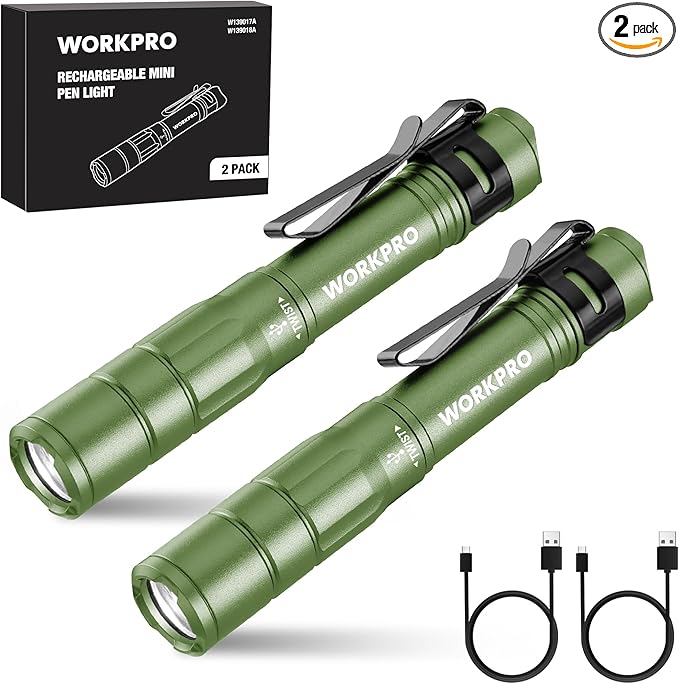 WORKPRO Rechargeable Pen Light, Mini Flashlight, 2 Pack Ultra-Compact EDC Flashlight, Pocket