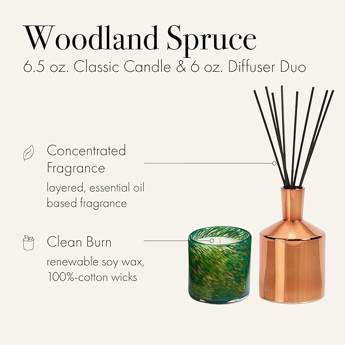 LAFCO New York Woodland Spruce Classic Candle & Diffuser Set - Reusable Glass Vessels - Made in The