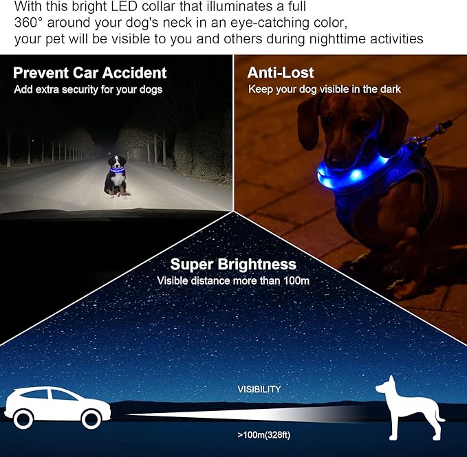 CHUKCHI LED Dog Collar Rechargeable,Waterproof Flashing Collar,Light Up Glow Collar, Adjustable