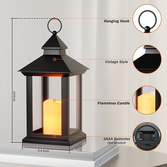 Lanterns Decorative Indoor, 1 Pack Black Outdoor Lantern with Timer, 14" Lantern Waterproof with