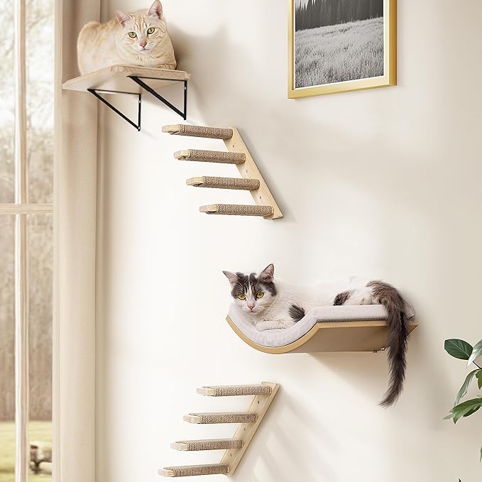 4-Piece Cats Wall Furniture with Cat Window Perch – Wood Wall Mounted Cat Shelves Set with