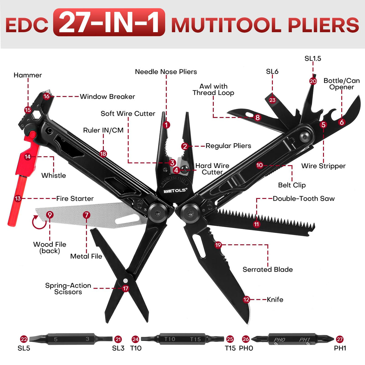 WETOLS Multitool with Pocket Knife, Stainless Steel Needle Nose Pliers