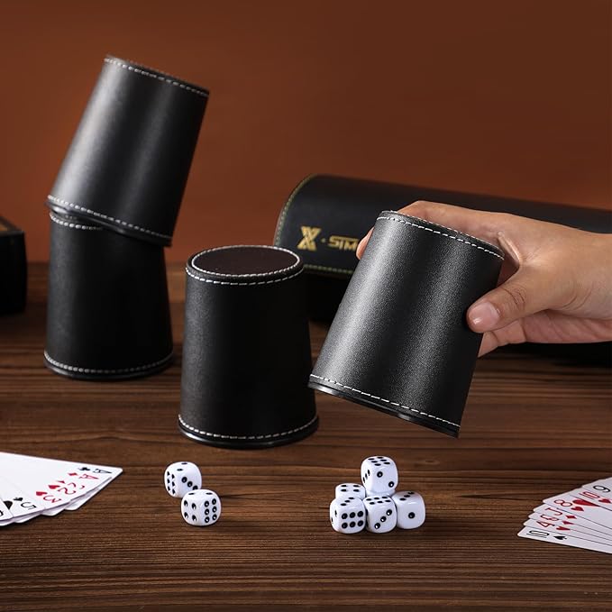 5X Dice Cup Set, PU Leather Dice Shaker Cups with 30 Dices for Bar Party Yahtzee Farkle Dice Games