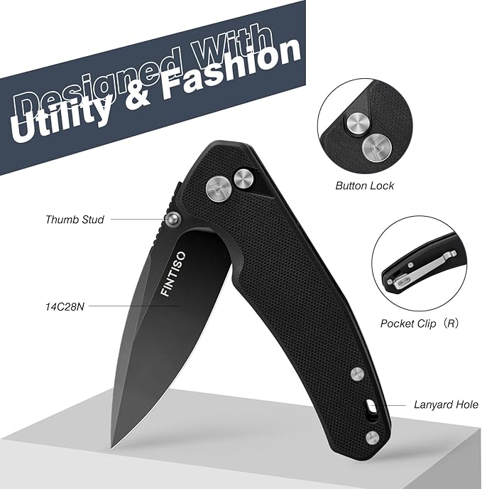 FINTISO Pocket Knife, 3" 14C28N Steel Blade G10 Handle Small EDC knife with Button Lock, Sharp