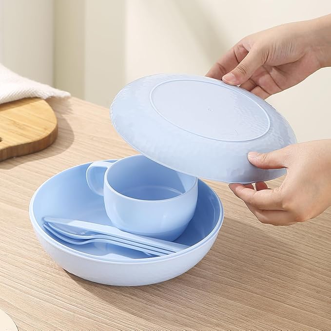 Evanda Camping Mess Kit with Bowl, Plate, Cup, Spoon, Fork, Knife and Carry Bag, Reusable Camping
