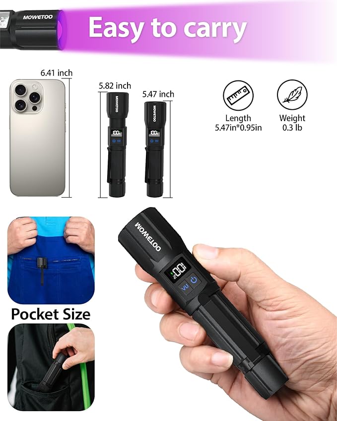 Black Light Flashlight 395NM, UV Light USB C Rechargeable with LCD Display, Zoomable Woods Lamp