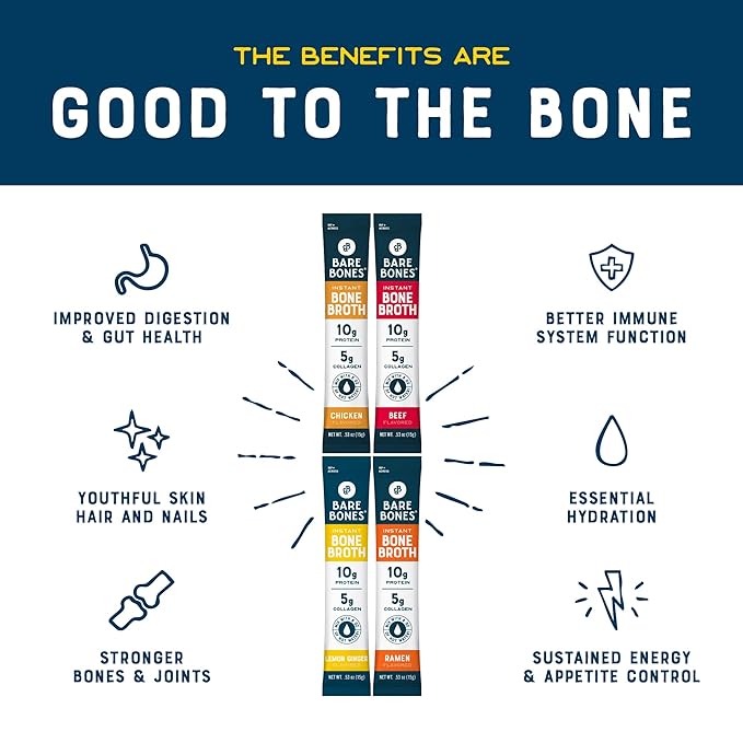 Bare Bones Bone Broth Instant Powdered Mix | 4 Beef 4 Chicken 4 Ramen 4 Lemon Ginger | Non-GMO