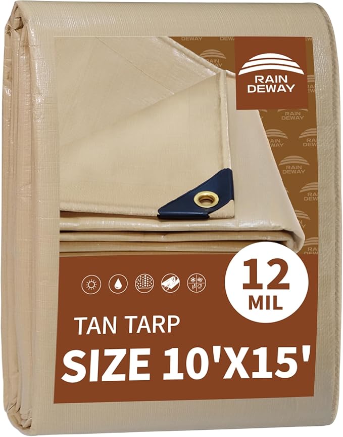 RAINDEWAY 10x15 Feet Heavy Duty Tarp,12 Mil Tan Waterproof Poly Tarp Cover,UV