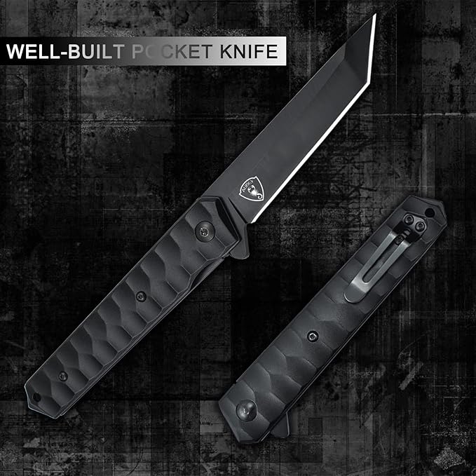 AUBEY Tanto Blade EDC Knife, 440 Steel Pocket Folding Knife with Liner Lock, Clip, Aluminum Handle