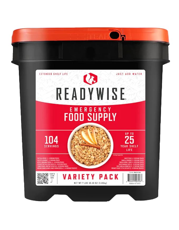 ReadyWise Emergency Food Supply - 104 Servings Variety Pack Bucket, Protein Meals, Dehydrated &