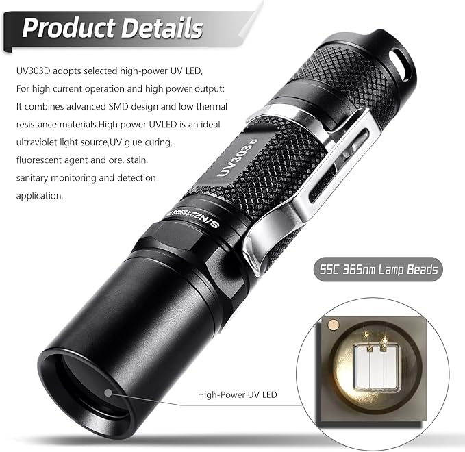 LIGHTFE UV303D 365nm Black Light UV Flashlight High Power Professional Pocket UV Light