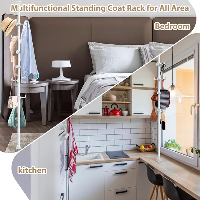 Coat Rack Freestanding, 56 to 125 inch Adjustable Tension Rod Coat Tree with 12 Hooks for Hanging