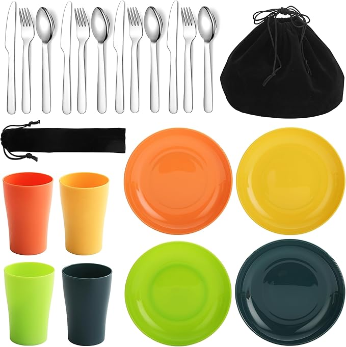 Evanda Camping Cutlery Set, Reusable Light Weight Mug, Plate and Stainless Steel Cutlery Set with