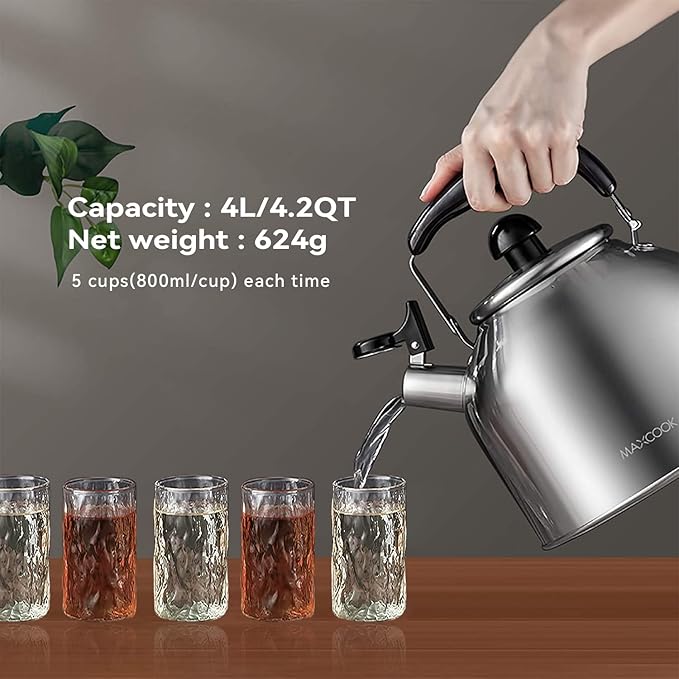 4.2 Quart/4L Stainless Steel Whistling Tea Kettle,Brushed Satin, Suitable to Boiling Water & Tea on