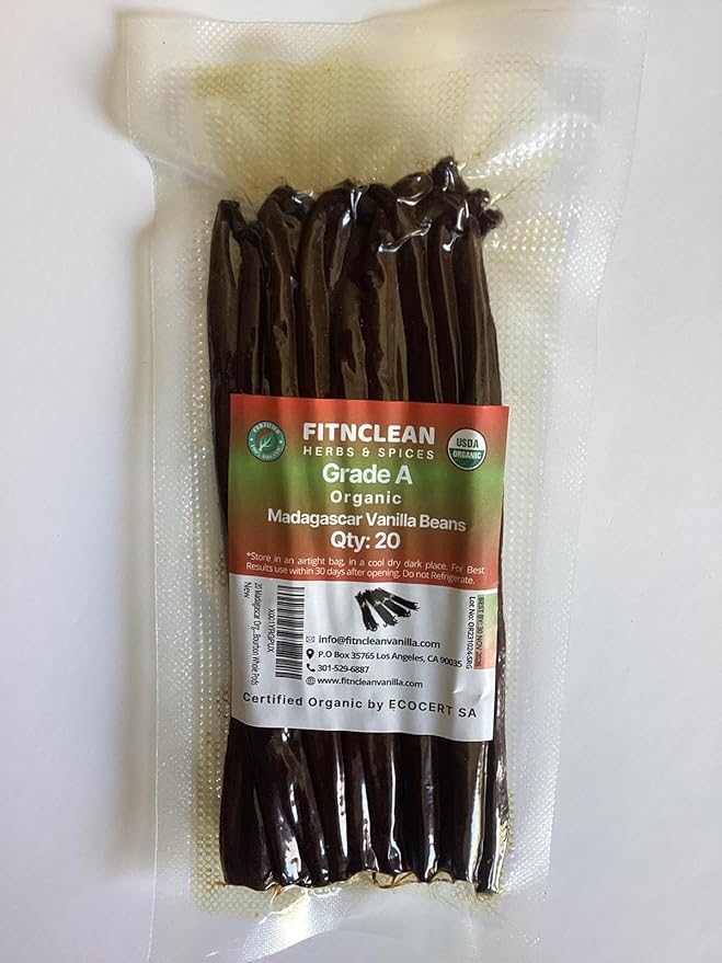 20 Madagascar Organic Vanilla Beans Grade A. Certified USDA Organic. ~6" by FITNCLEAN VANILLA for