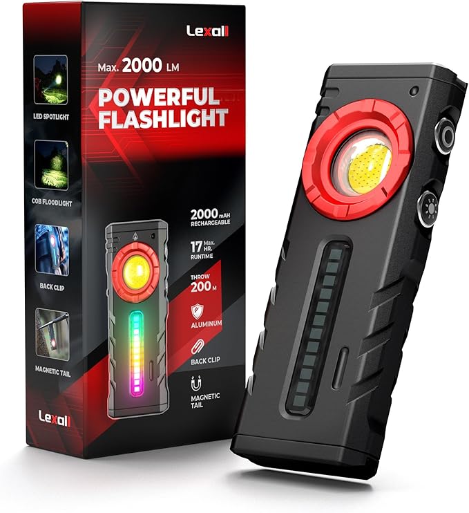 lexall EDC Flashlight, Bright 2000 Lumens Flashlight Rechargeable, 3-in-1 Spotlight/Floodlight/Side