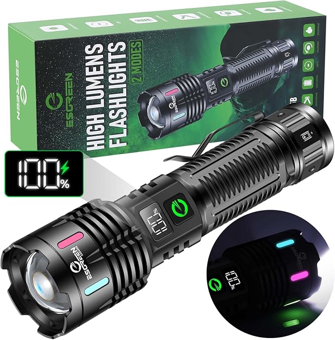 Esgreen Rechargeable Flashlights High Lumens 2000 Single 2 Modes, Super Bright LED Flashlight USB C
