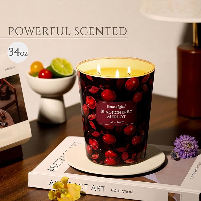 HomeLights Soy Wax Candles for Home Scented, 3-Wick Candles in Blackcherry Merlot Scented