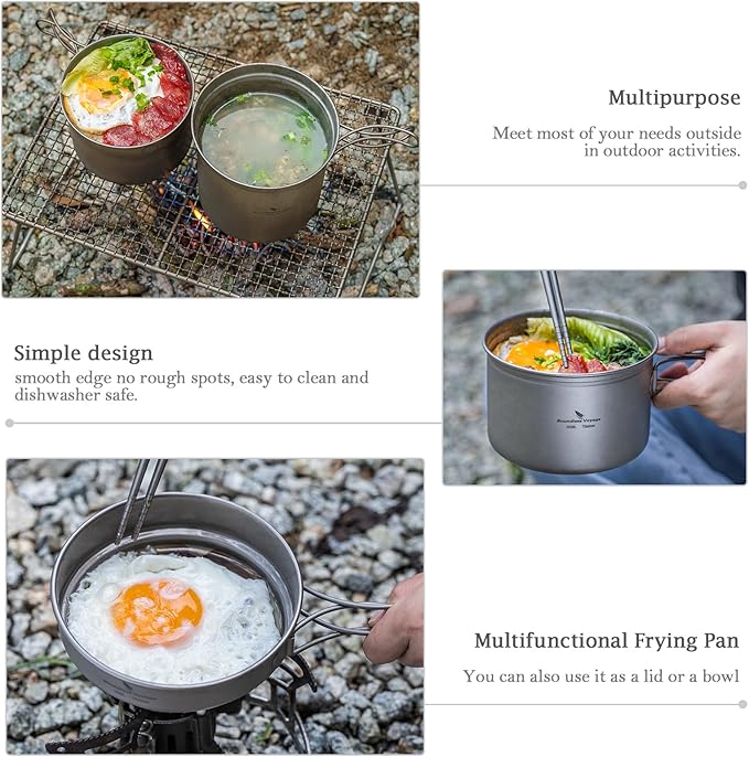 iBasingo Titanium Pot Pan Set with Folding Handle - Ultralight Portable Outdoor Cookware Mess Kit