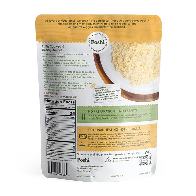 POSHI Riced Heart Of Palm | All Natural, Fully Cooked, Ready to Eat, Non-GMO, Low Calorie + Carb
