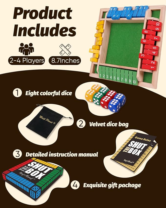 Classic Original Shut The Box Game, Math Dice Board Game for Family Night Classroom Travel, Wooden
