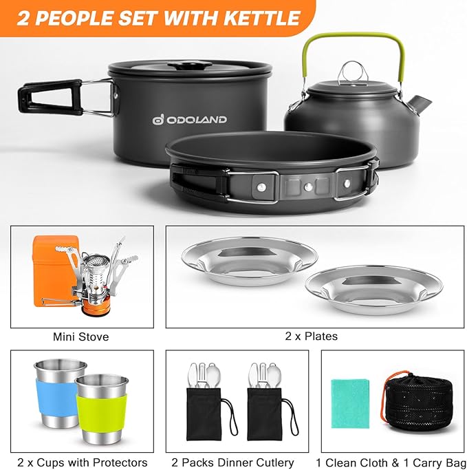 Odoland 16pcs Camping Cookware Set with Folding Camping Stove, Non-Stick Lightweight Pot Pan Kettle