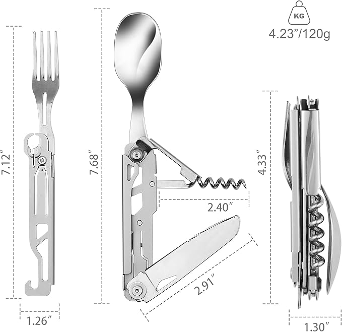 Camping Utensils, 6-In-1 Detachable Stainless Steel Camping Flatware Multi-tool kits with Spoon