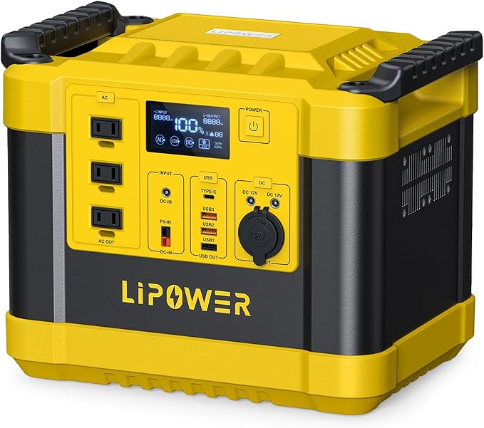 Lipower Solar Generator, 1120Wh Power Station 3 * 1000W AC Outlets(2000W peak), 60W USB-C Output