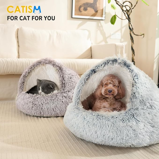 CATISM Cozy Plush Hooded Cat Bed, Indoor/Outdoor, Self-Warming Cave, Removable Washable Non-Slip