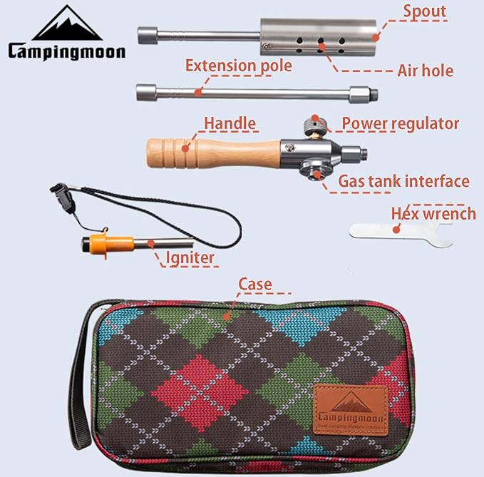 CAMPINGMOON Camping Grill Torch Dual Fuel Head Flame Adjustable for Charcoal Starter with Storage
