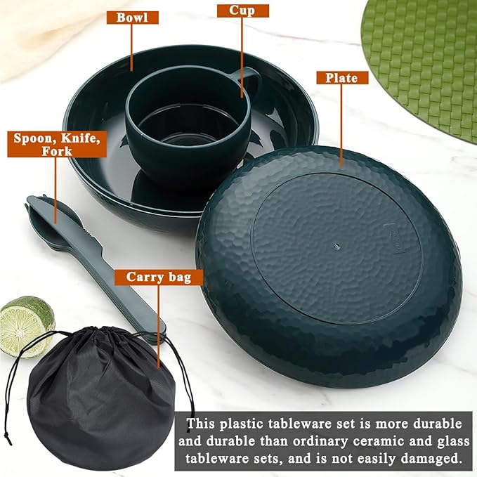 Berglander Camping Mess Kit with Bowl, Plate, Cup, Spoon, Fork, Knife and Carry Bag, Plastic