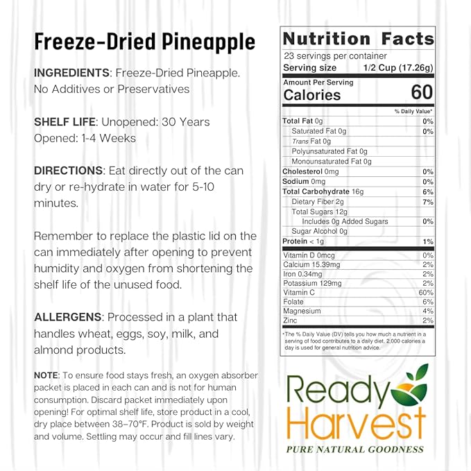 Ready Harvest Freeze Dried Food - Pineapple Chunks | Emergency Storage | Whole Food | #10 Can |