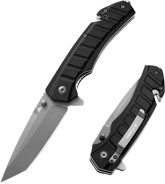FLISSA Folding Pocket Knife, Tactical Knife with Liner Lock, Tanto Blade, Pocket Clip, Glass