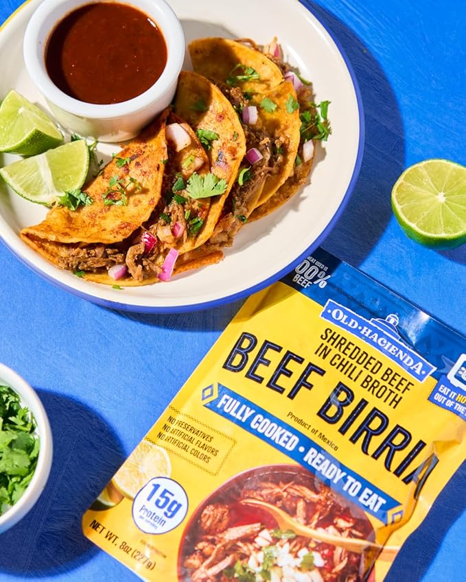 Old Hacienda Beef Birria | 100% Shredded Beef in Chili Broth | Fully Cooked & Ready to Eat | 15g