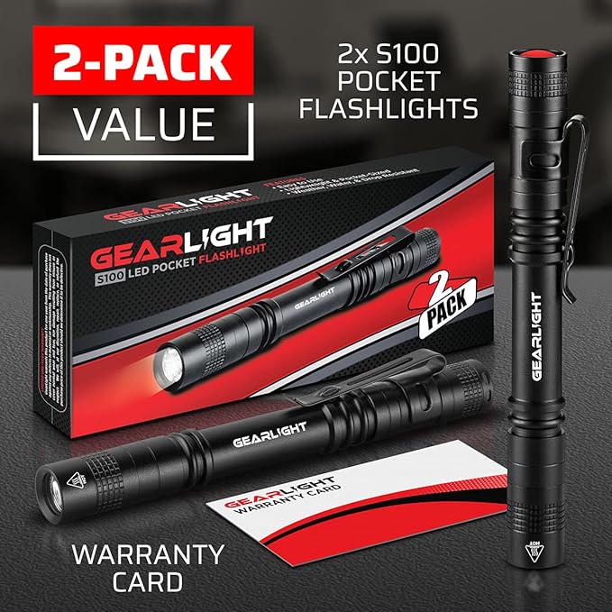 GearLight S100 LED Pocket Pen Light- 2 Small, Compact Flashlights with Clip for Tight Spaces