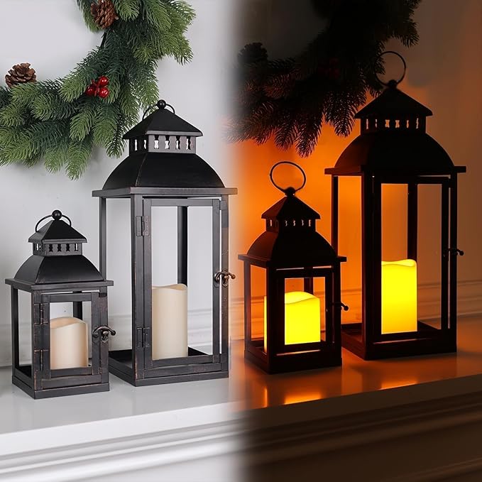 DECORKEY LED Lanterns Decorative Outdoor&Indoor, Set of 2 (17’’&11’’) Large Black Metal Lantern