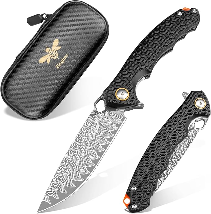 Damascus Pocket Knife for Men Women, 3.35" VG10 Core Damascus Steel Blade Folding Knives with Black