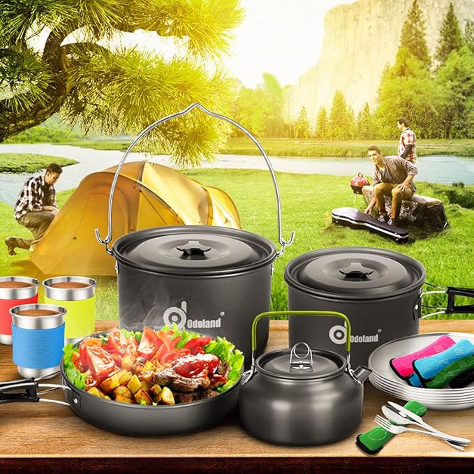 Odoland 39pcs Camping Cookware Mess Kit, Non-Stick Large Size Hanging Pot Pan Kettle with Base