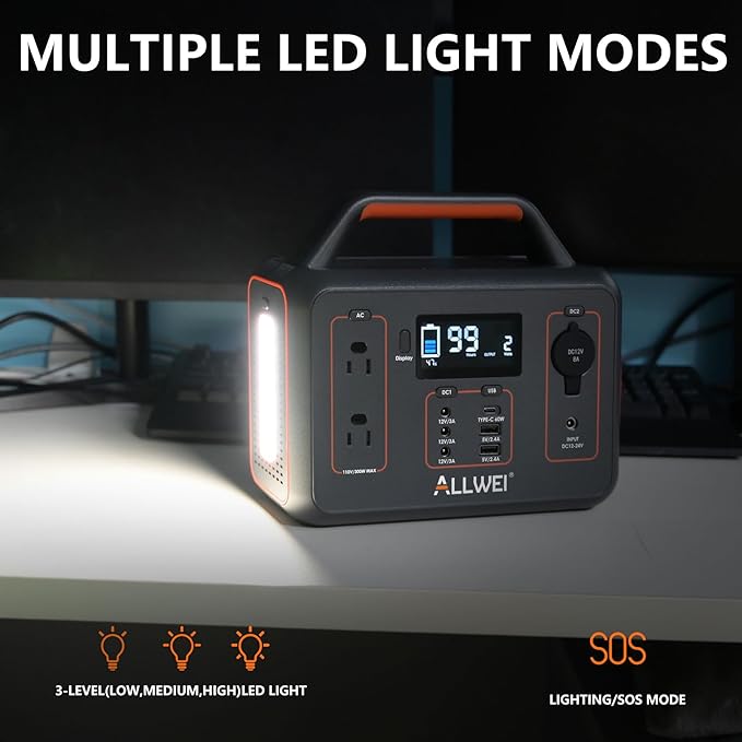 ALLWEI Portable Power Station 300W, 280Wh Solar Generator with 110V Pure Sine Wave AC Outlet