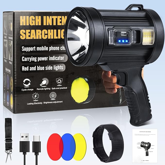 Rechargeable Spotlight Flashlight, 99,000 Lumens Spot Light Handheld Spot Lights, LED Spotlights