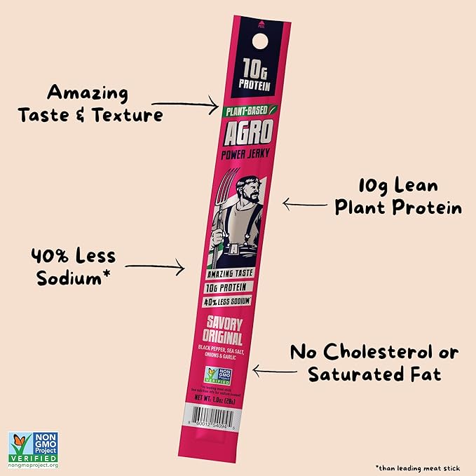 AGRO POWER Vegan Jerky Sticks, Savory Original Plant-Based, 7 Stick Bag with 10g Protein, Non-GMO