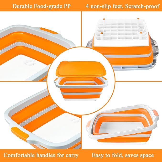 Collapsible BBQ Prep Tubs with Lids, Grill Cutting Board, Camping Sink with Drainage Hole for Meal