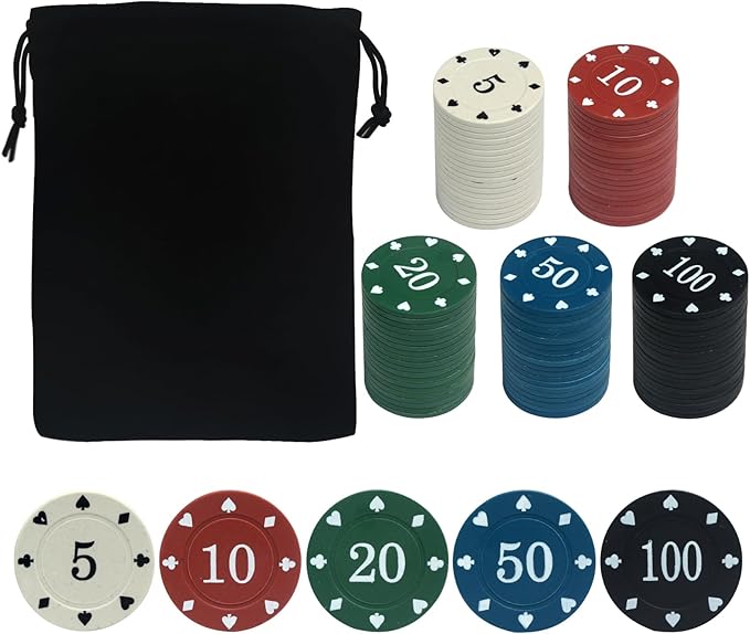100PCS Poker Chip Set with Portable Storage Bag Professional Grade Casino Style 5 Colours for Texas