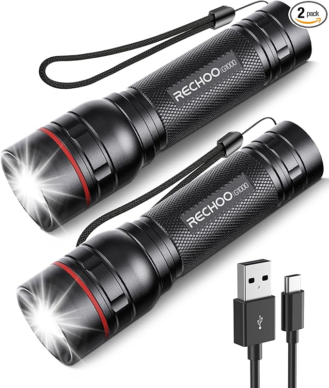 RECHOO Rechargeable Flashlights High Lumens, 2 Pack G1000 Super Bright Flash Light, Small Led