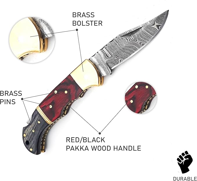 6.5 inch Damascus Pocket Knife with Sheath, Handmade Folding Pocket Knife for Men, Black-Red Wooden