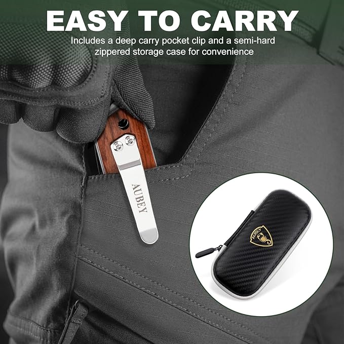 AUBEY Damascus Pocket Knife for Men, Sharp Tanto Blade with VG10 Core Folding Knives with Wooden